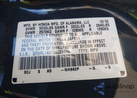 2003 Honda Odyssey Ex-L z USA, uszkodzony, nr VIN 5FNRL18913B026944